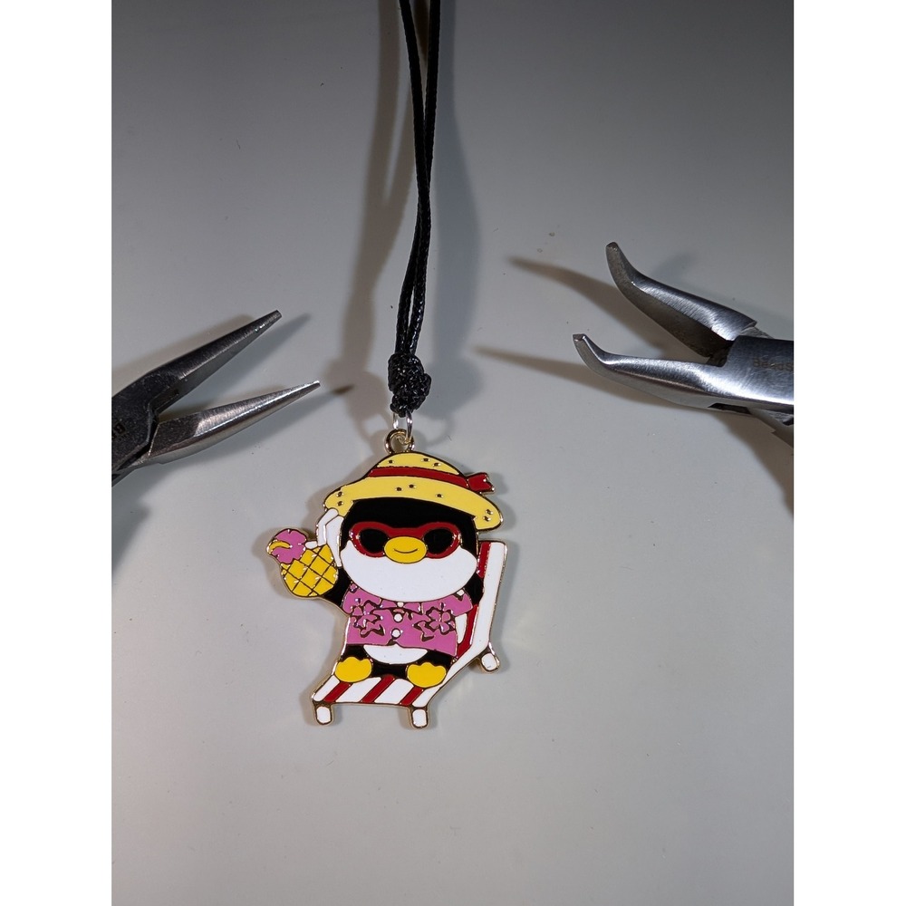 Summer Beach Penguin Enamel Pendant Necklace Adjustable Black Cord Fun Jewelry